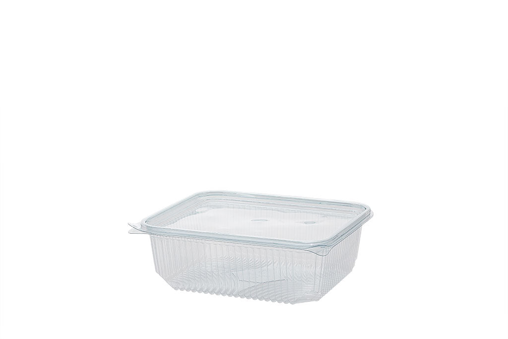 Feinkostbecher, Salatschale, Klappschale, angehängter Deckel, transparent, 1000 ml, rechteckig, 16,5 x 13,5 x 6 cm